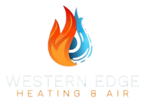 Western Edge Heating & Air logo with orange flame and blue water droplet icon on white background