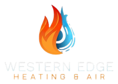 Western Edge Heating & Air logo with orange flame and blue water droplet icon on white background
