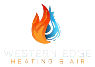 Western Edge Heating & Air logo with orange flame and blue water droplet above the company name