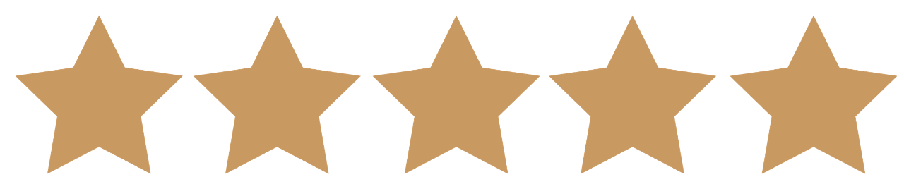 Five gold stars in a row, representing a five-star rating.