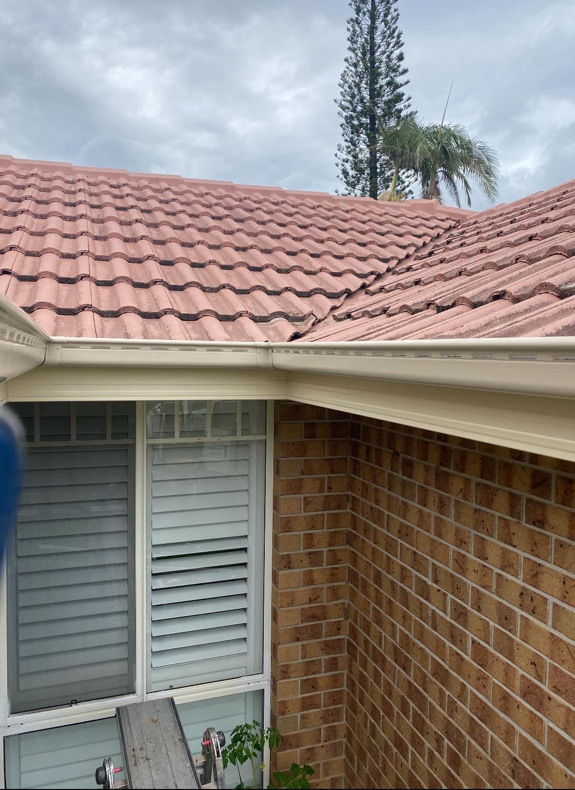 Red tiled roof with white gutters above a brick wall and window with closed blinds — C&A Roofing in Boambee East, NSW