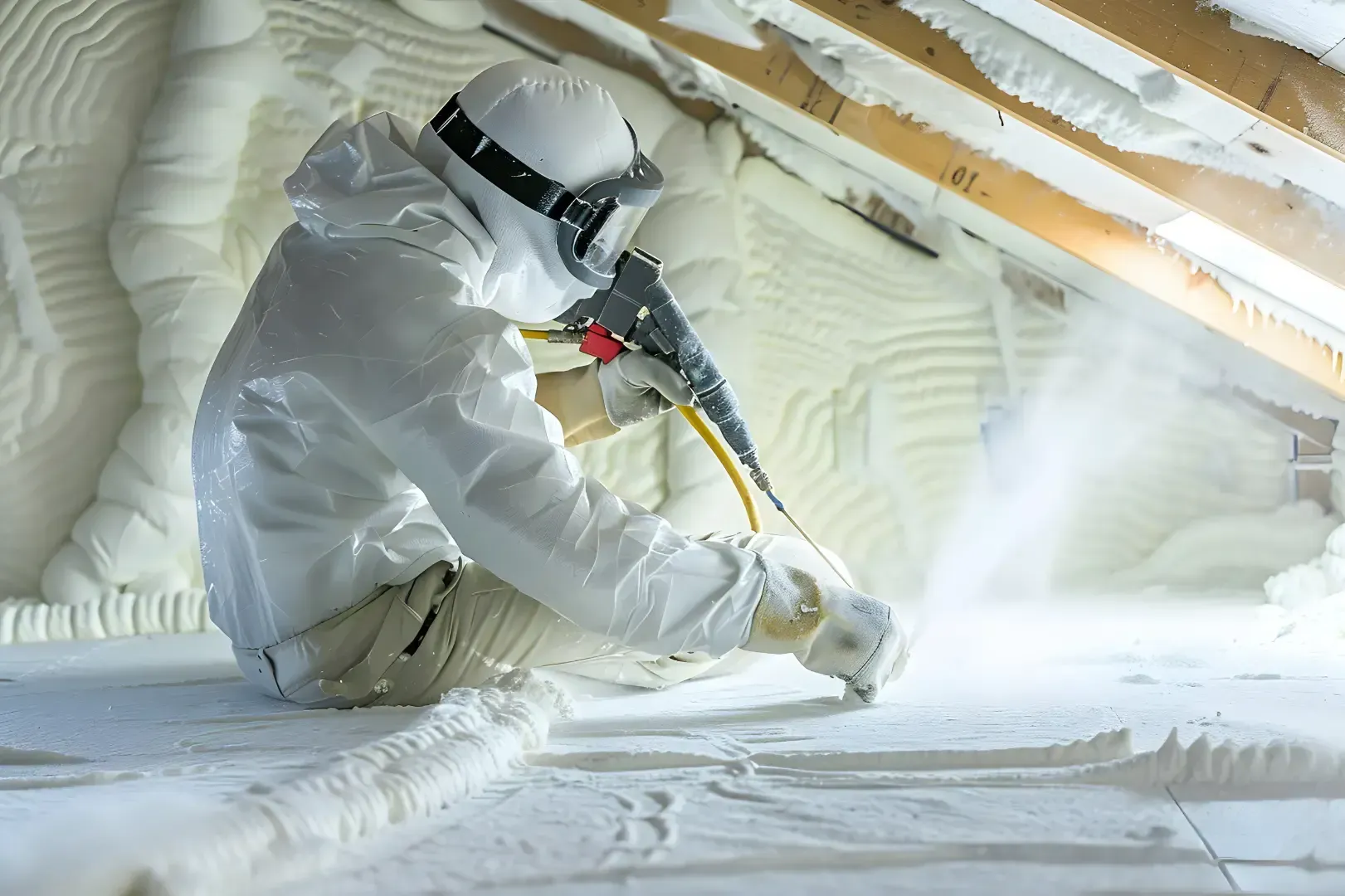 A man is spraying foam on the floor of an attic.