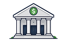 Illustrated bank building icon with white columns and a green dollar sign in the pediment