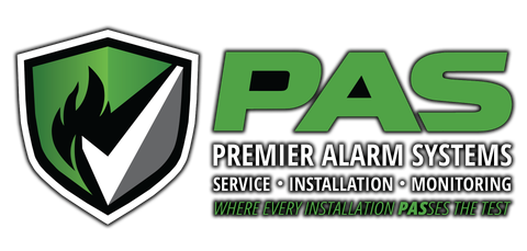 PAS Premier Alarm Systems logo with green shield and black-and-white checkmark on black background