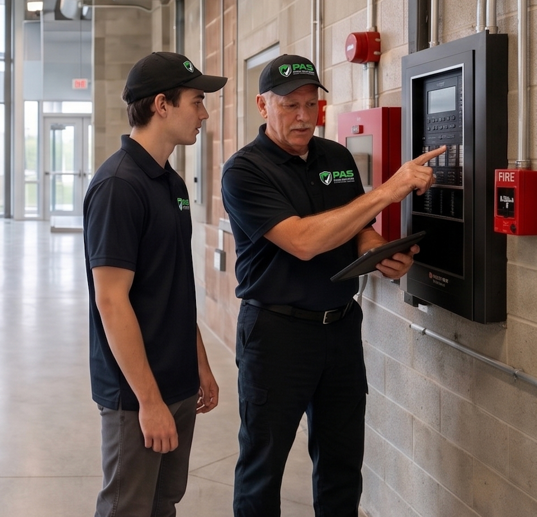 Two workers using a wall-mounted touchscreen control panel in an industrial hallway