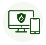 Green computer monitor and smartphone with shield security icon on white background