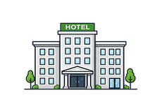 Illustrated hotel building with a green “HOTEL” sign and trees on both sides