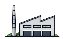 Illustration of a factory with smokestack, two sloped roofs, and three garage doors