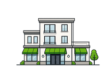 Illustration of a small storefront building with green awnings and a tree beside it