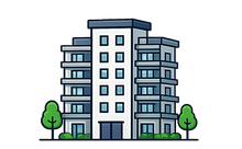 Modern apartment building with balconies and trees in front