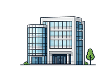 Modern office building with blue windows and a small tree outside