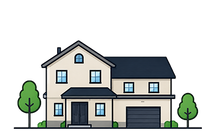 Two-story suburban house with beige siding, dark roof, garage, and two small trees in front