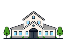 A small white school building with a gray roof, blue windows, and trees on both sides.