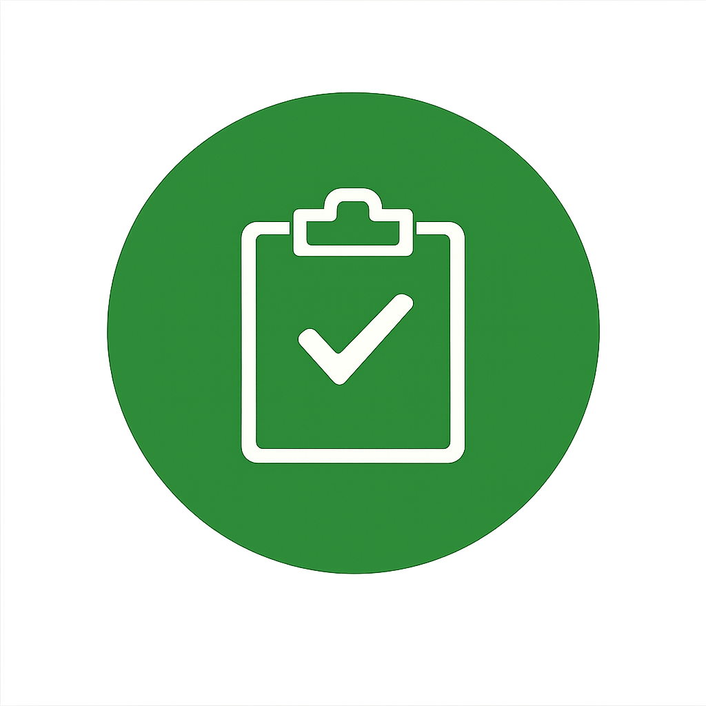 Green circle with a white clipboard and checkmark icon