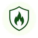Green shield icon with a white center and green flame symbol