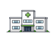 Illustration of a modern hospital building with a green medical cross above the entrance.