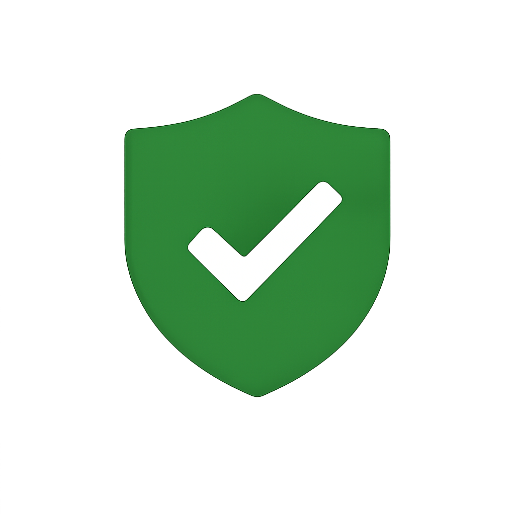 Green shield with a white checkmark icon