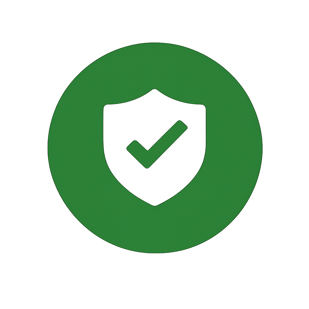 Green shield with a white checkmark inside a green circle, indicating security or verification