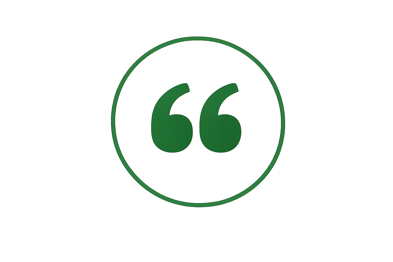 Green quotation marks inside a thin green circle on a white background