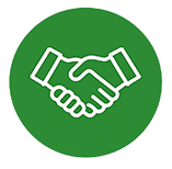 White handshake icon in a green circle, symbolizing agreement or partnership