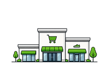 Illustration of a three-store shopping mall with green awnings and a shopping cart sign.