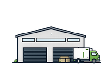 Warehouse with two dark garage doors and a green delivery truck loading boxes outside.