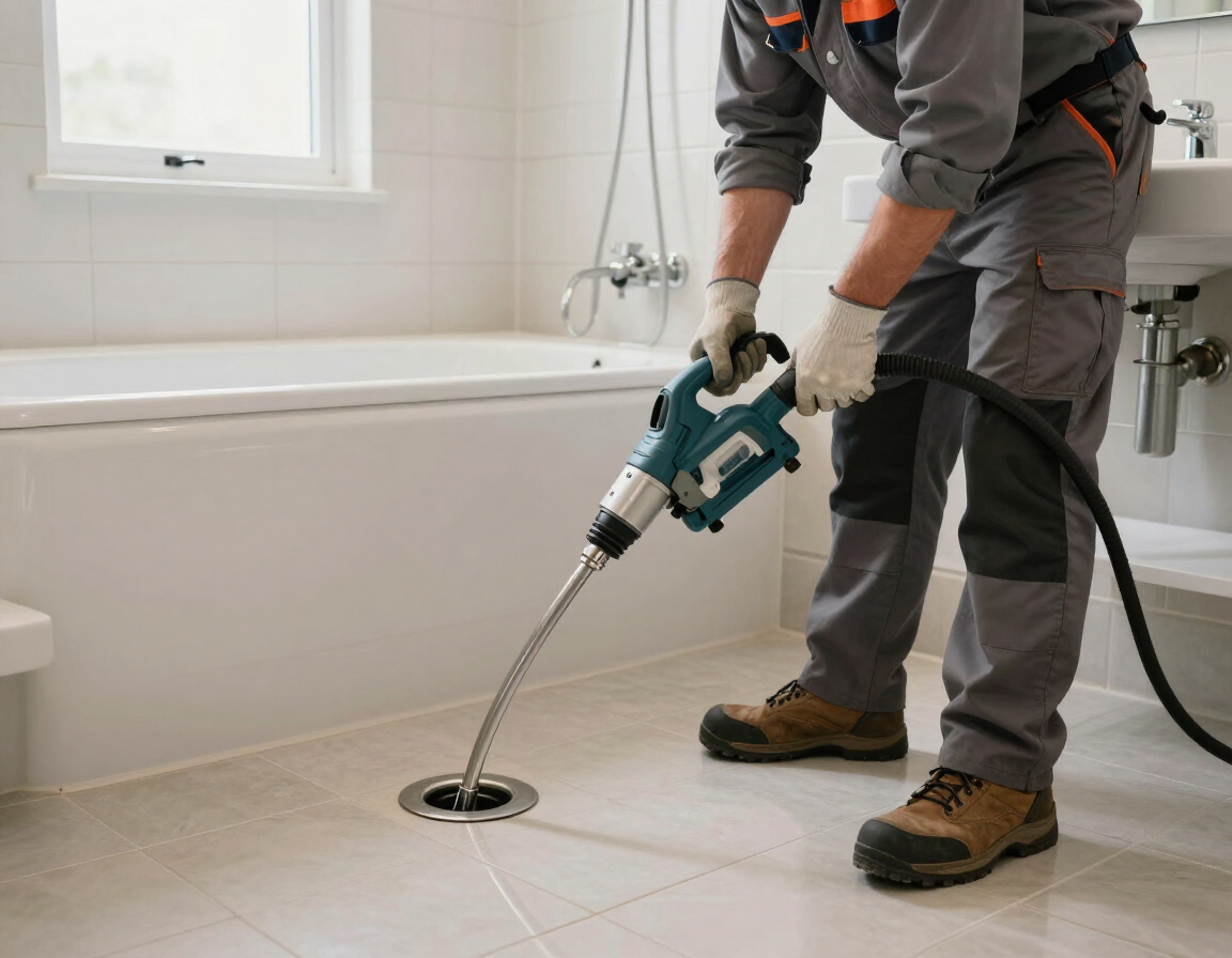 Worker using a drain snake to clear a bathroom floor drain