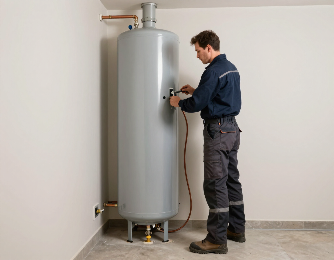 Technician inspecting a large gray water heater in a utility room