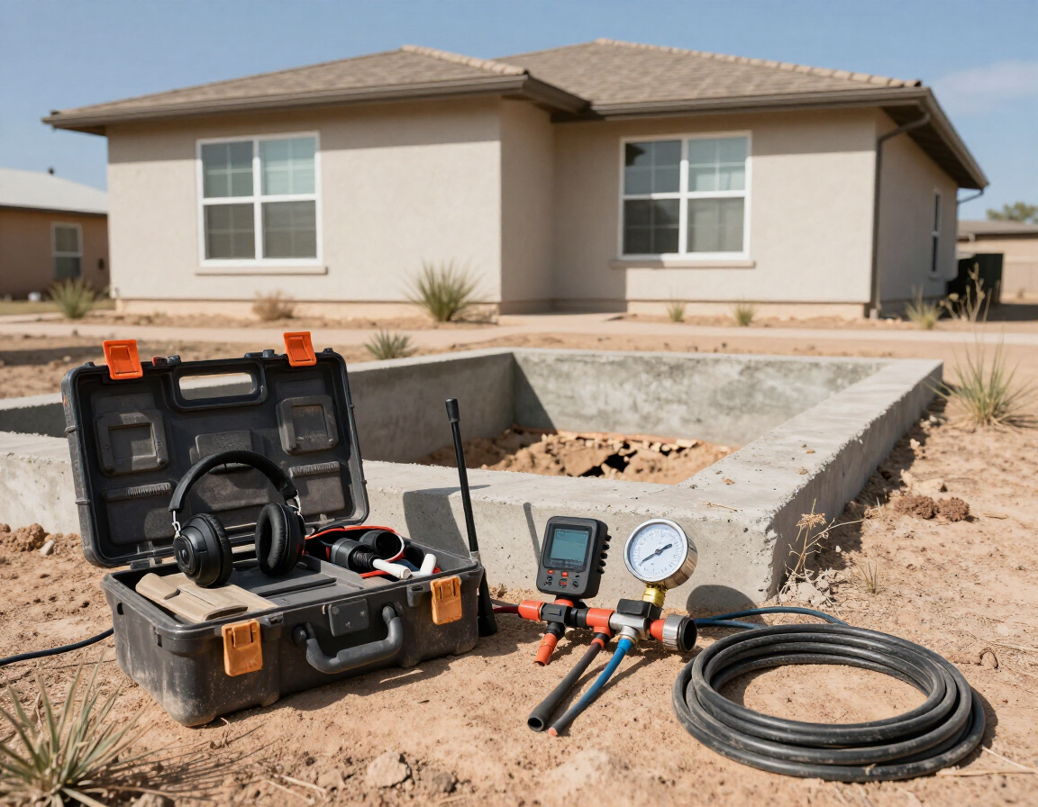 Professional slab leak detection equipment staged near a residential foundation in the Permian Basin.