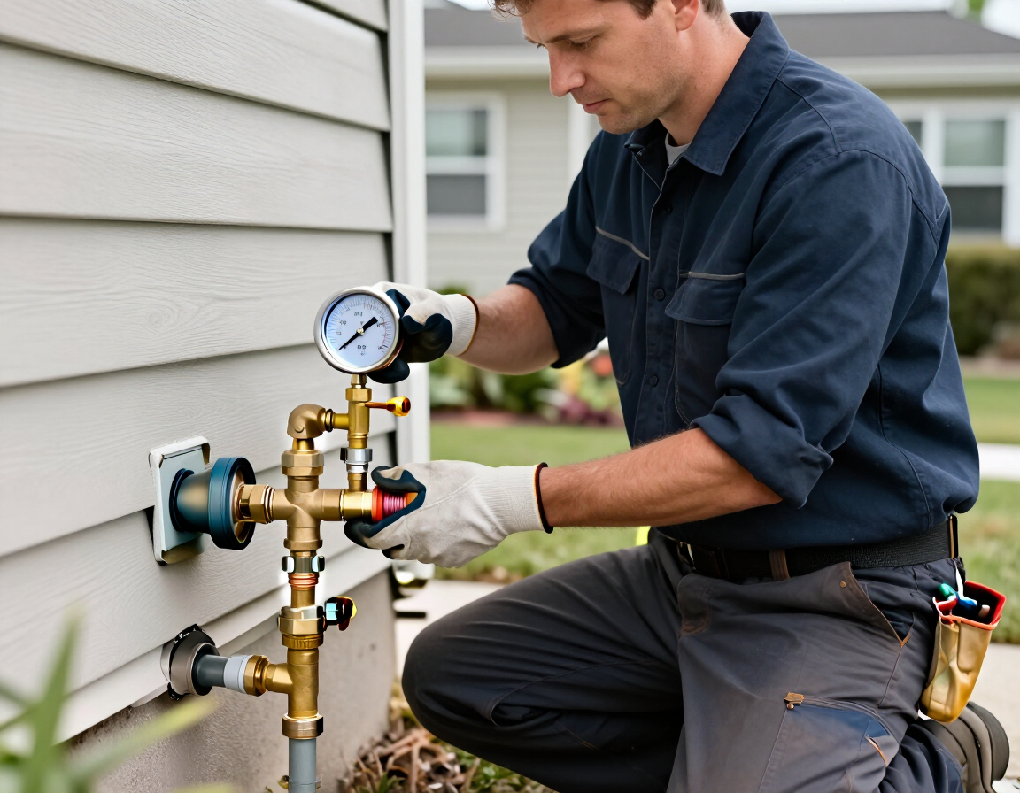 Licensed plumber inspecting a backflow prevention device with a testing gauge on a residential property