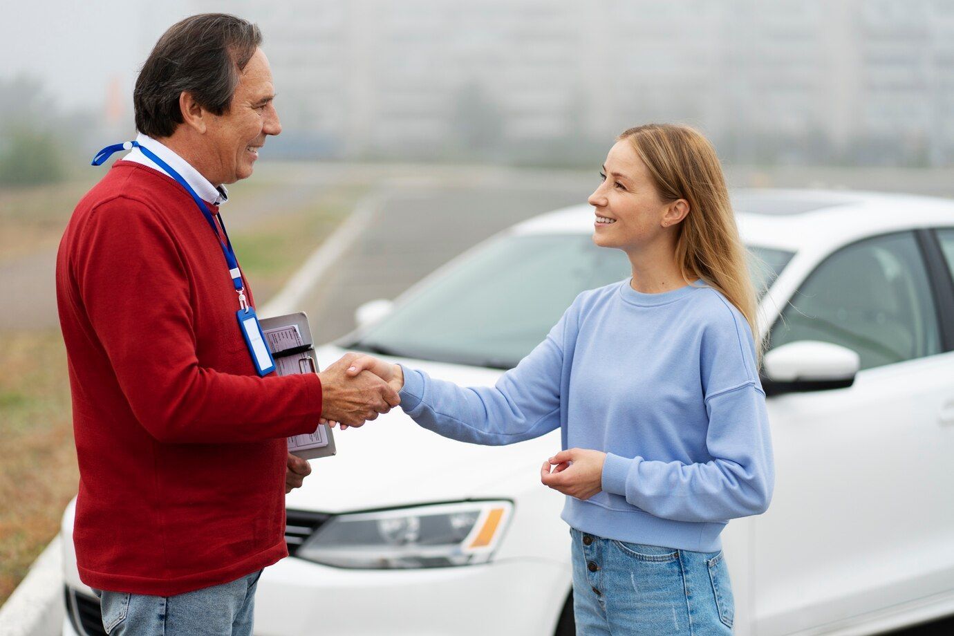 A Man And A Woman Are Shaking Hands In Front Of A White Car — Manning Smash & Auto Repairs In Wingham, NSW