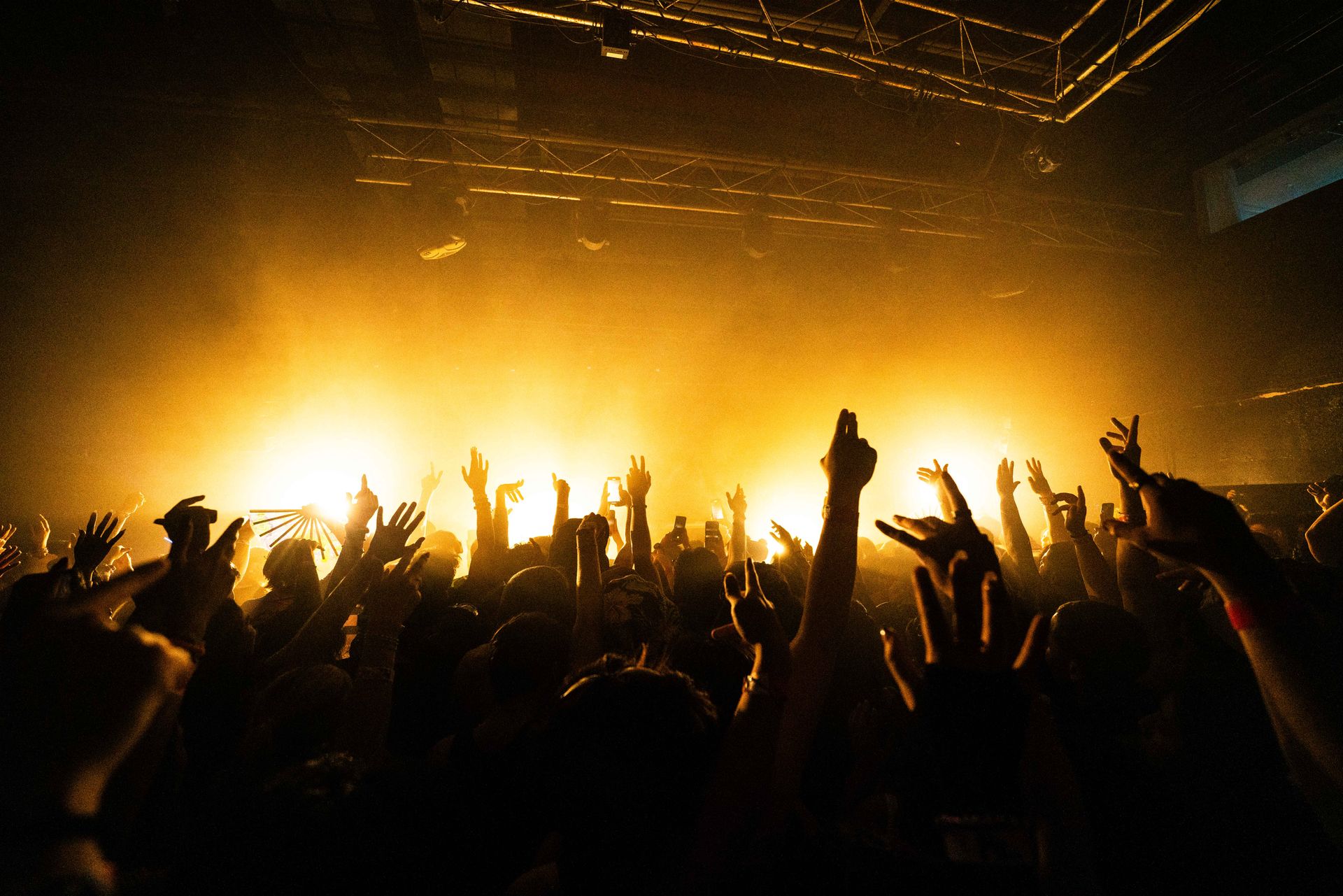 A crowd of people with their hands in the air at a concert