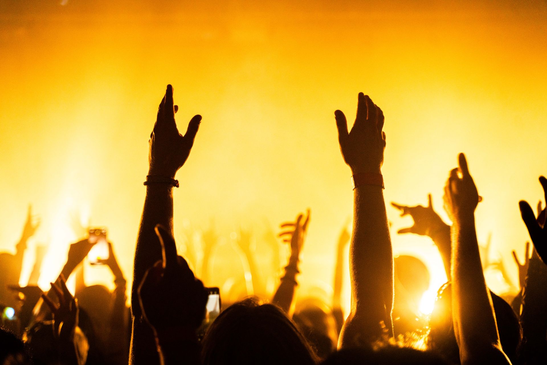 A crowd of people are raising their hands in the air at a concert.