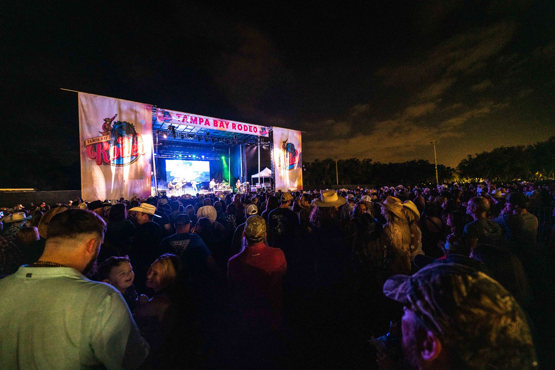 A crowd of people are watching a concert at night.
