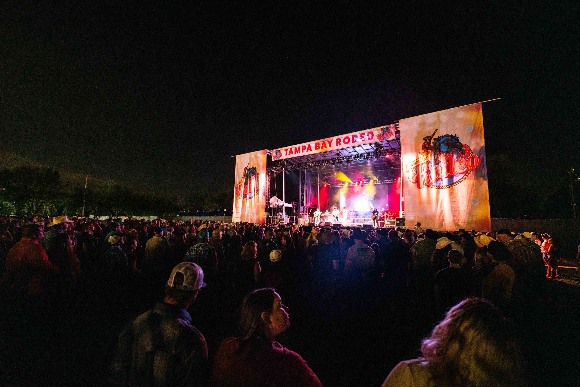 A crowd of people are watching a concert at night.