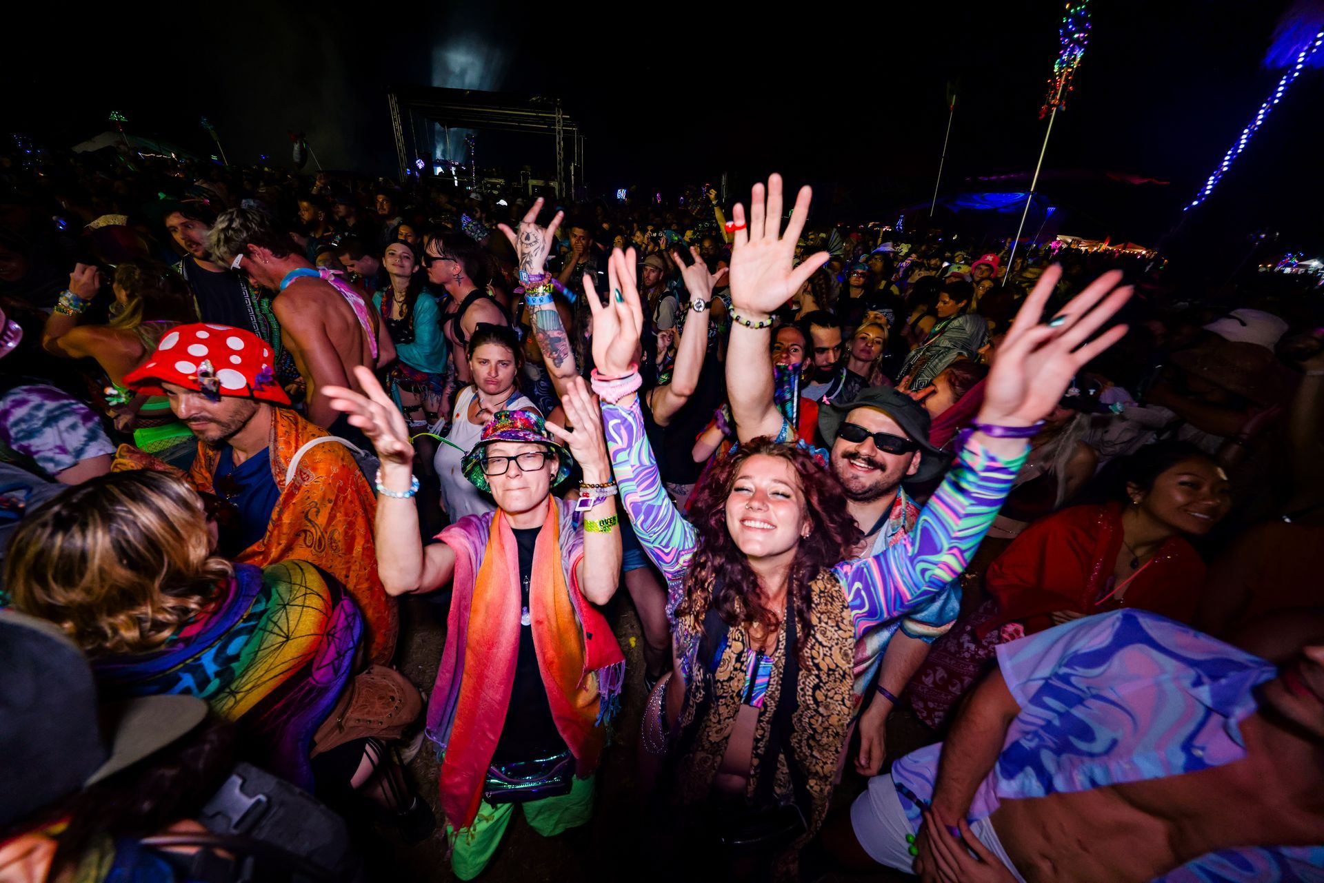 A crowd of people are dancing at a party with their hands in the air.