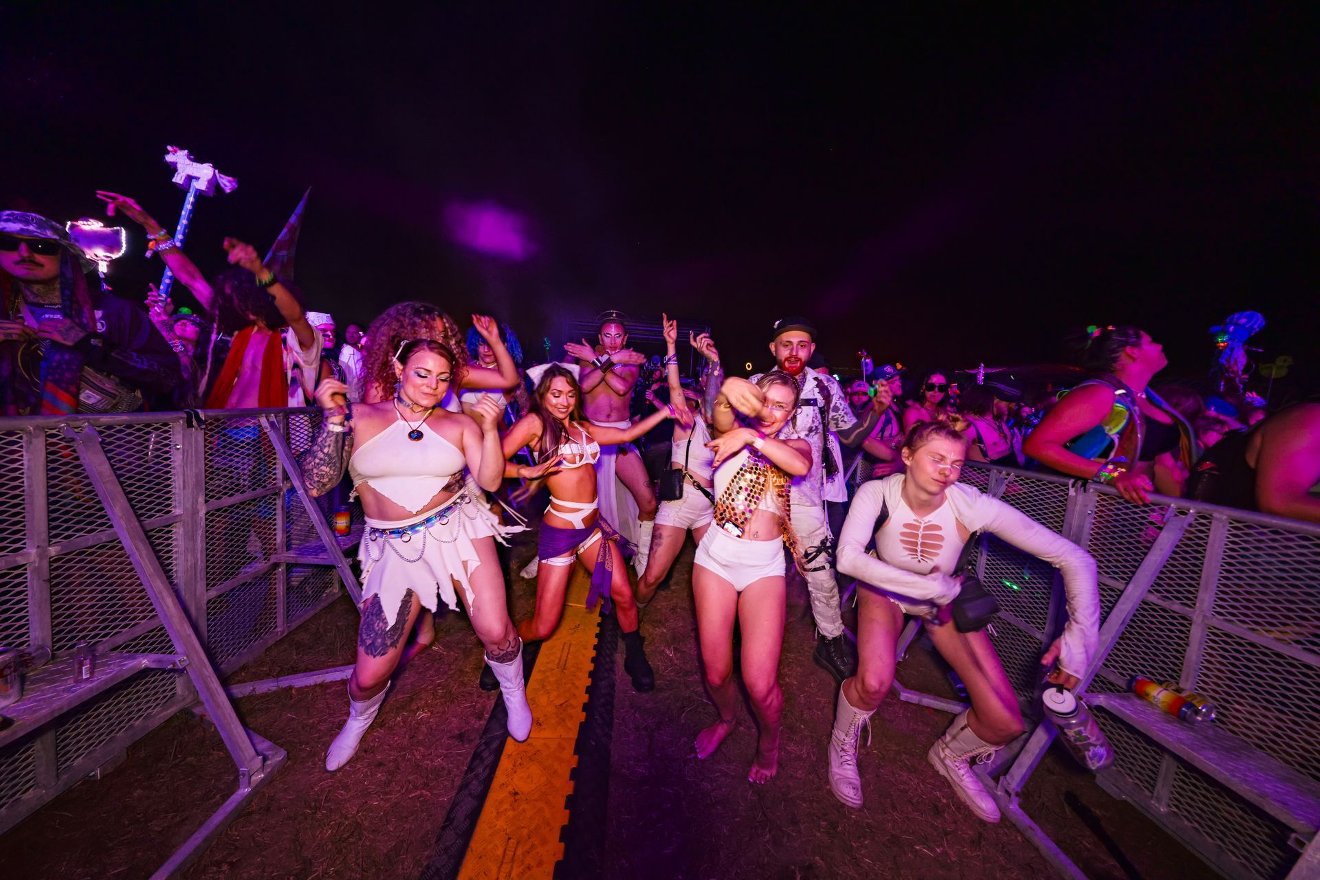 A group of people are dancing at a music festival.