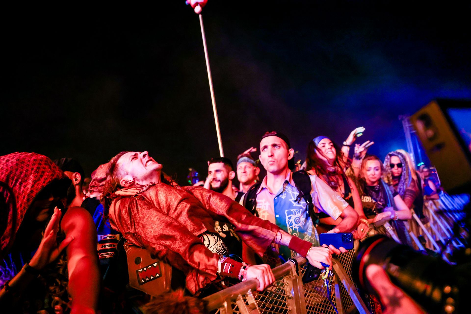 A group of people are standing in front of a stage at a concert.
