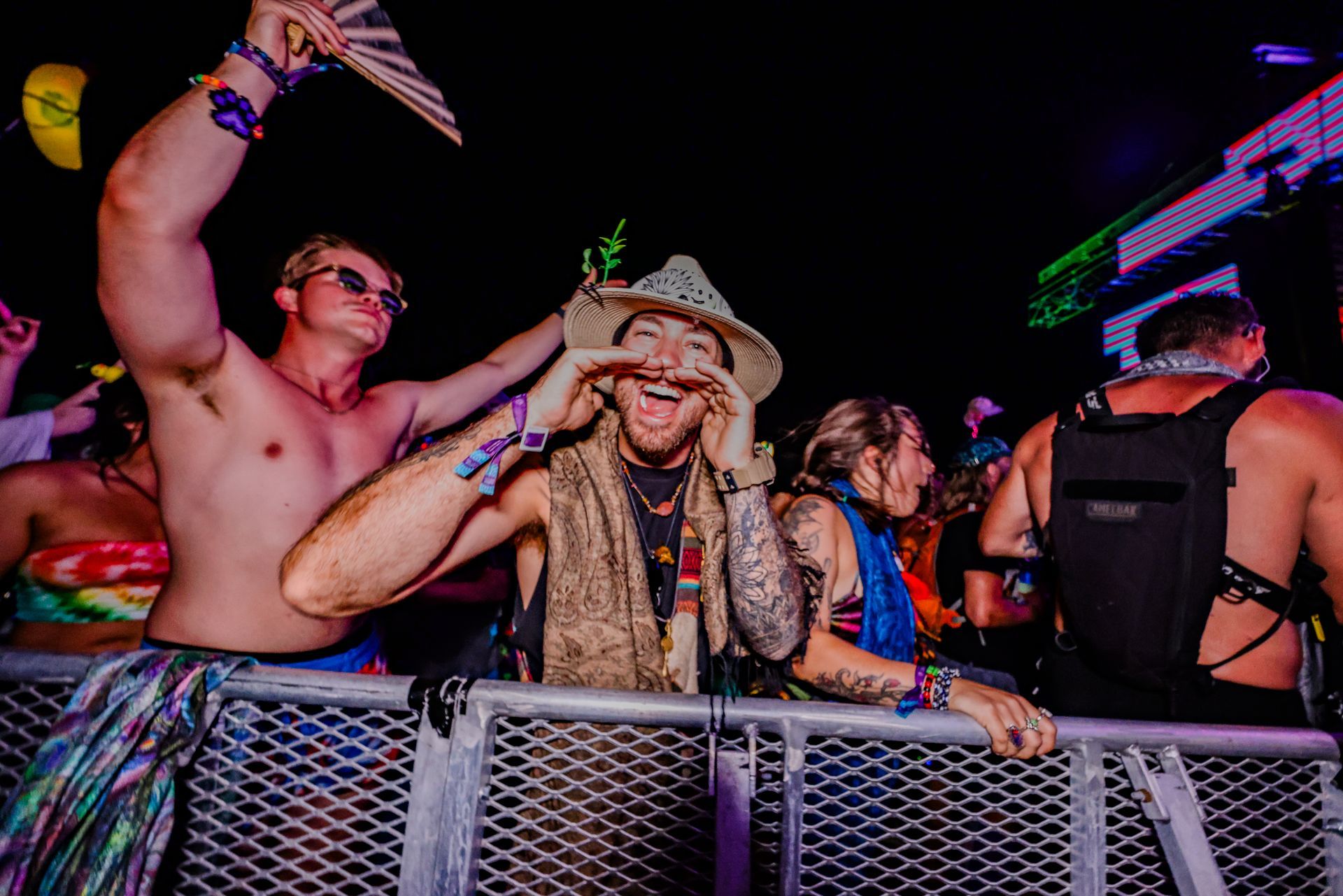 A group of people are standing behind a metal fence at a concert.