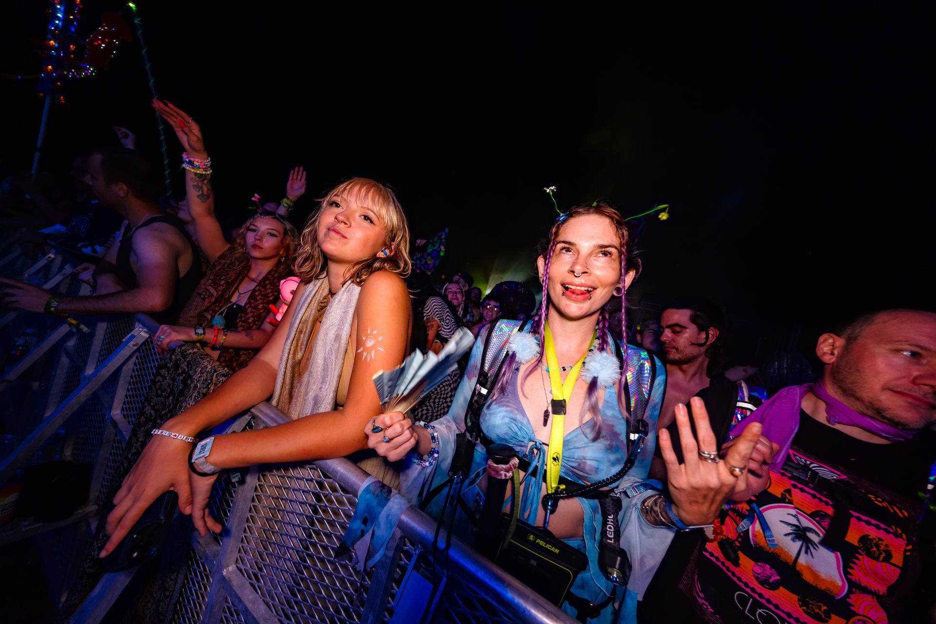 A group of people are standing in a crowd at a concert.