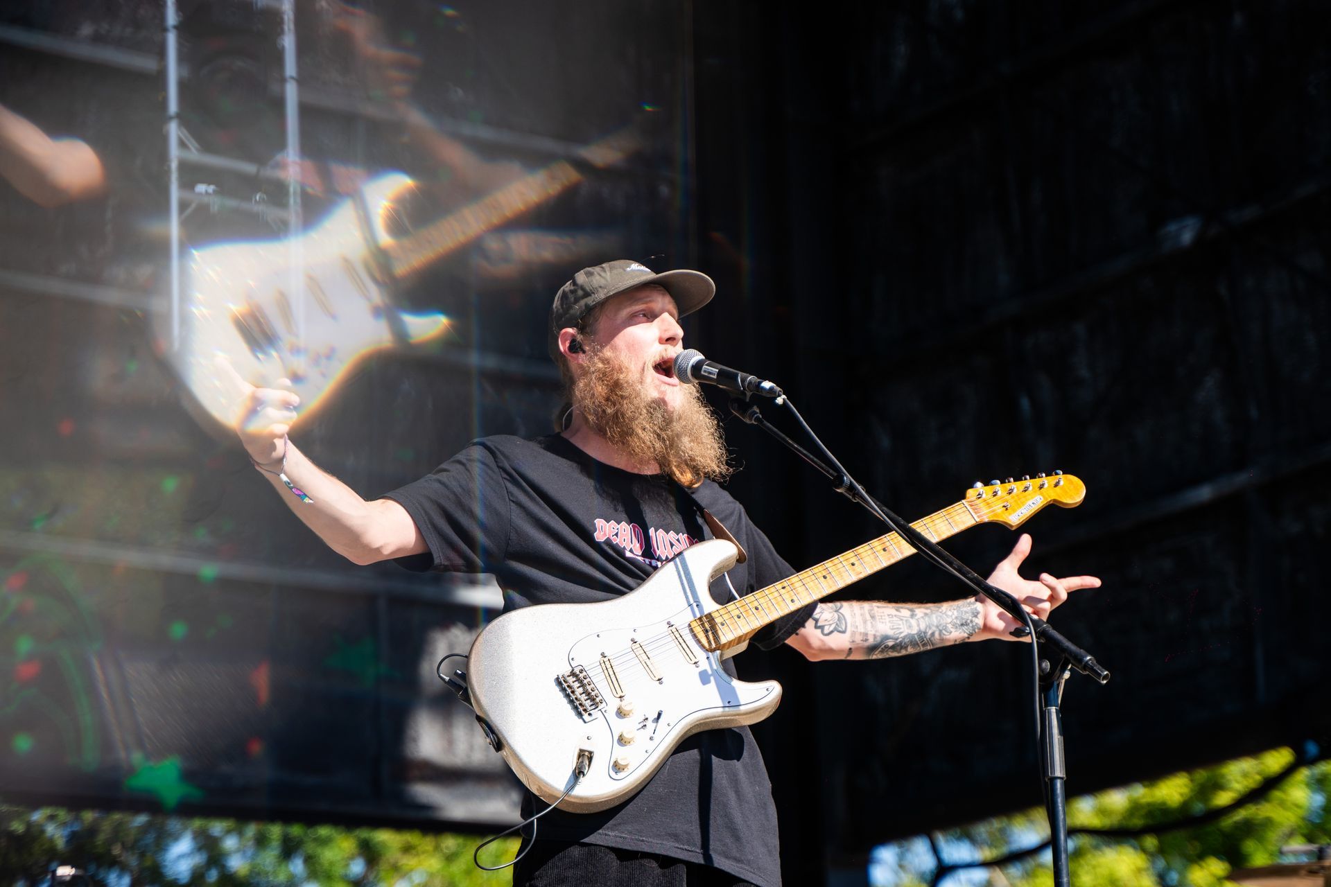 A man with a beard is playing a guitar and singing into a microphone.