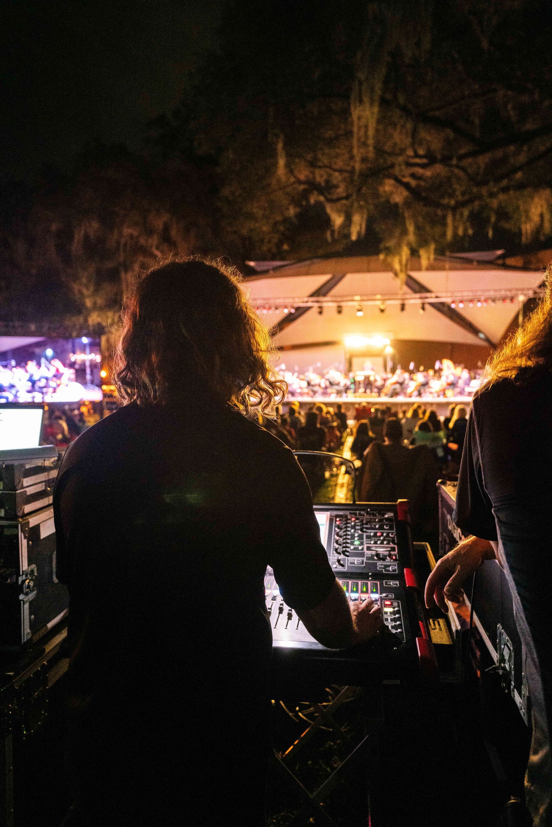 A group of people are watching a concert at night