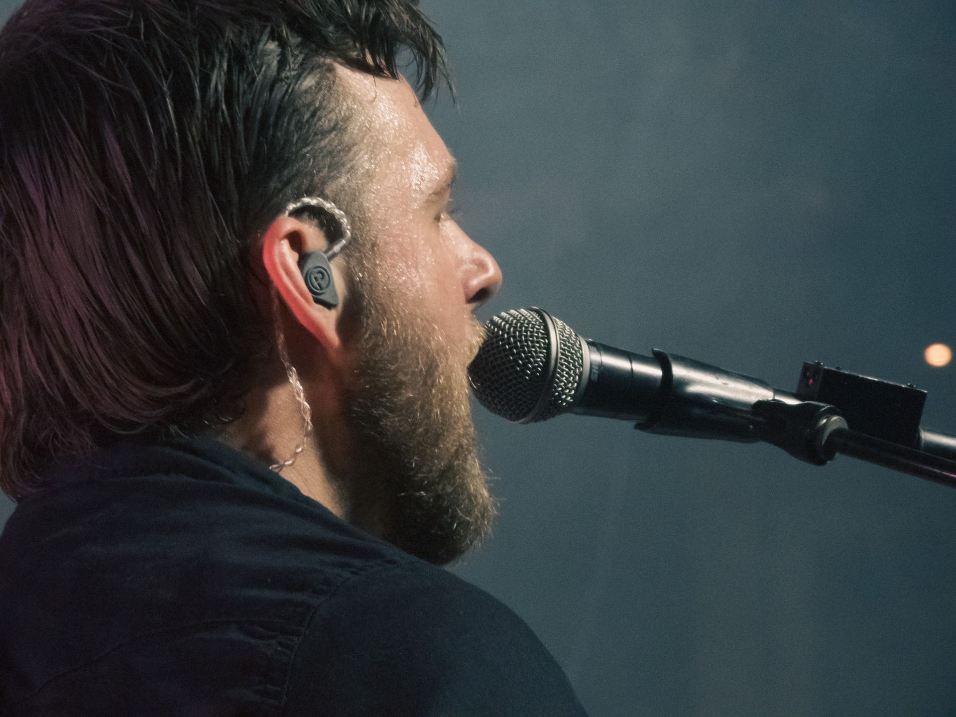 A man with a beard is singing into a microphone.
