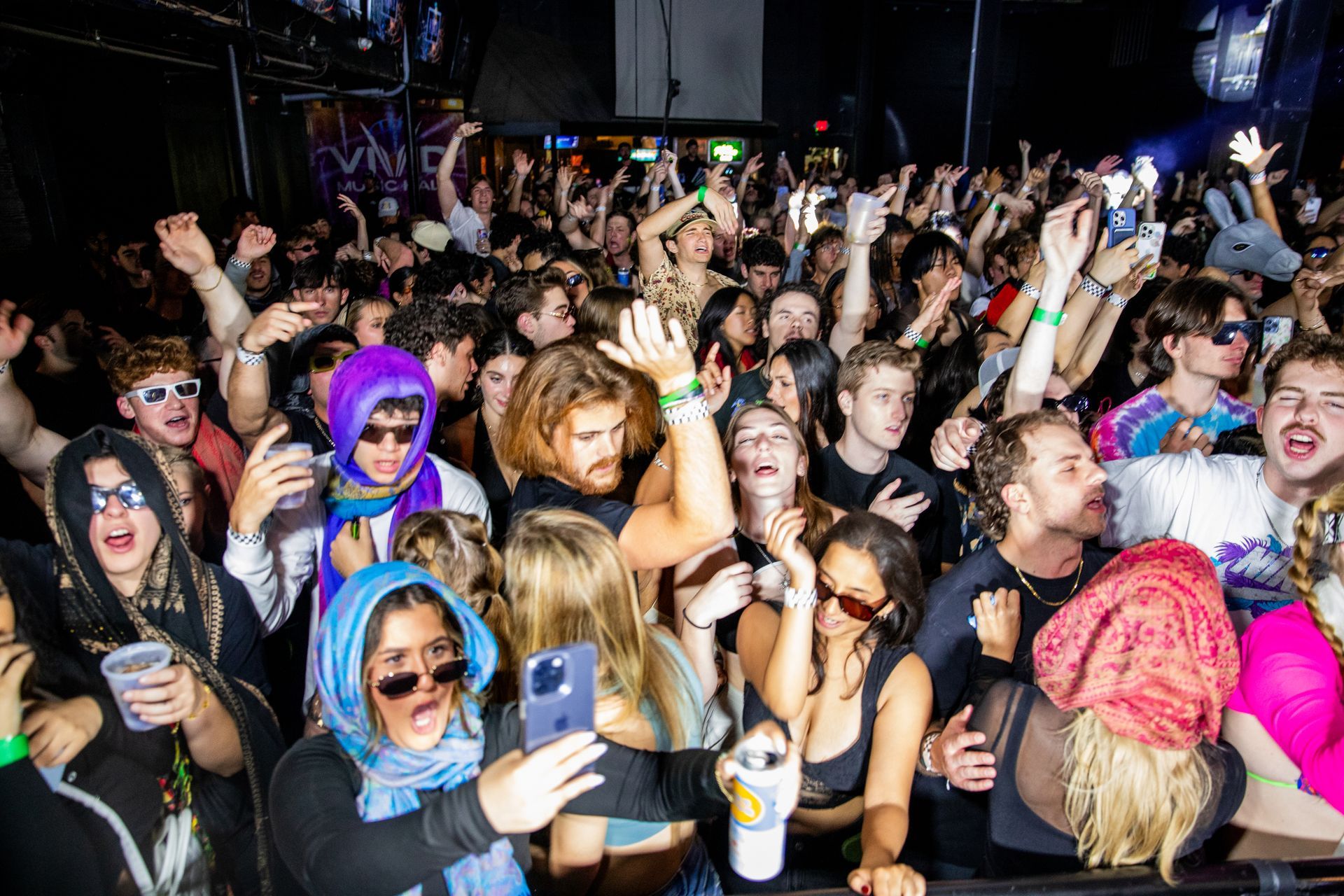 A large group of people are standing in a crowd at a concert.