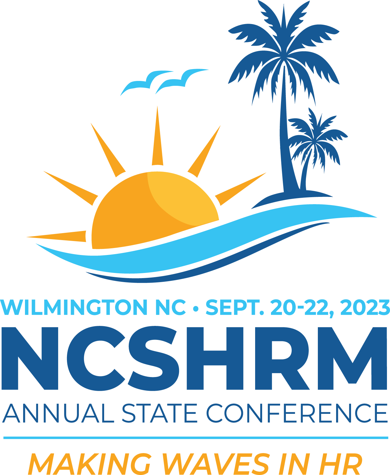 Logo for NCSHRM Annual State Conference in Wilmington, NC, Sept 20-22, 2023, featuring a palm tree, sun, and ocean waves.