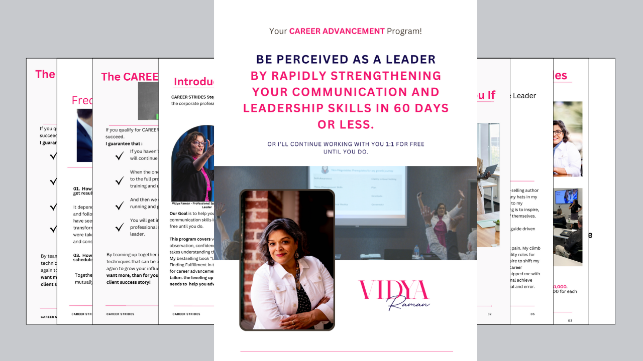 Presentation slides featuring Vidya, an executive coach, with text about strengthening leadership and communication skills.