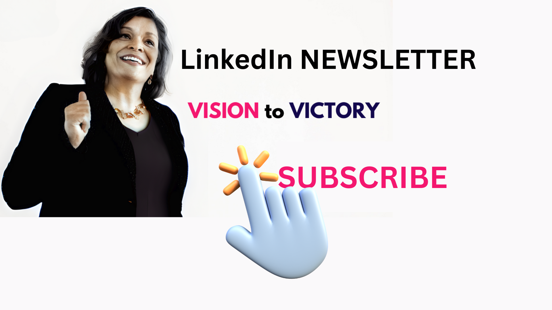 A professional woman gesturing beside text promoting the