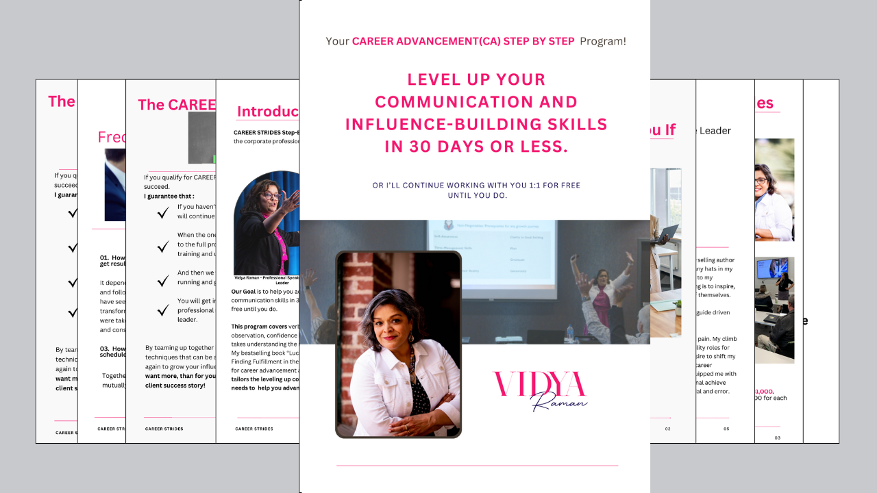 Promotional flyer for a professional communication and influence-building skills program led by Vidya.