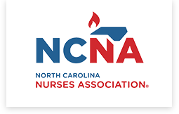Logo for the North Carolina Nurses Association (NCNA) featuring the acronym in blue and red with a state-shaped icon.