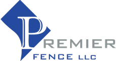 Blue and gray Premier Fence LLC logo: a large "P" within a blue diamond shape. "Premier" and "Fence LLC" in gray.
